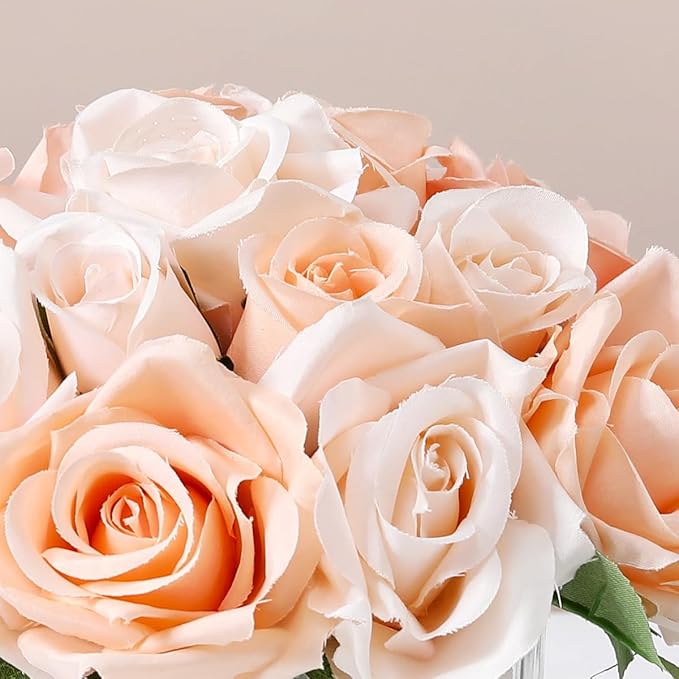 18 Heads Rose Faux Flowers in Vase, Aritificail Rose Floral Arrangement with Vase for Dining Table, Bedroom, Wedding Decor (Champagne)