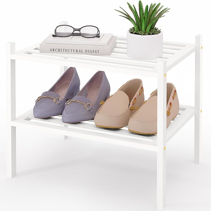 Smiry Small Bamboo Shoe Rack 2-Tier, Stackable Wooden Shoe Organizer for Entryway & Closet, Free Standing Wood Shoe Storage Shelf for Front Door & Small Spaces, White