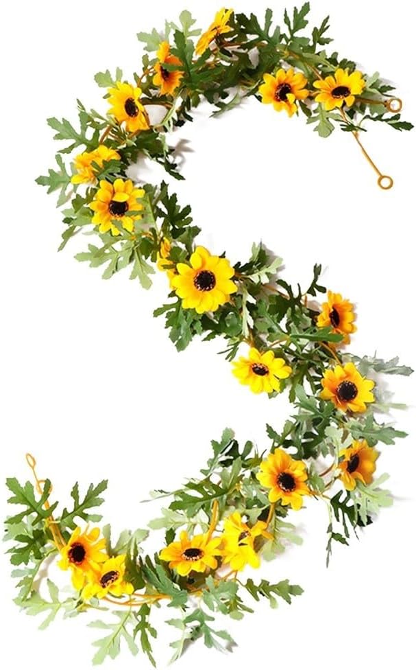 Artificial Sunflower Vine 175cm, Fake Sunflowers Garland with Yellow Silk Flowers and Green Leaves for Wedding Party Home Decor, 2 Pack
