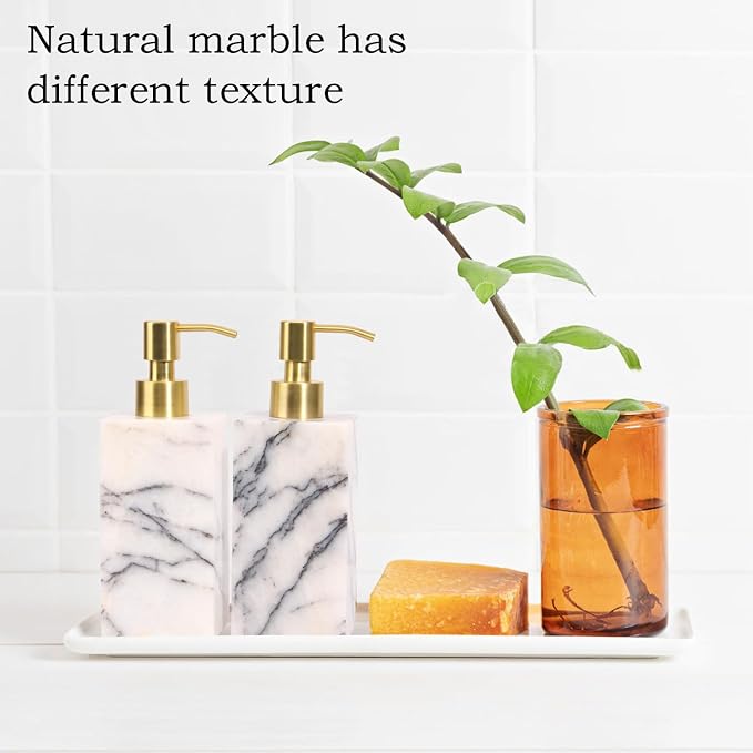 Natural Marble Soap Dispenser for Bathroom and Kitchen Countertop - 5.41 Ounces Hand Lotion and Liquid Stone Shampoo Laundry Bottle with Pump (1, Lilac, Rectangular Bottle)