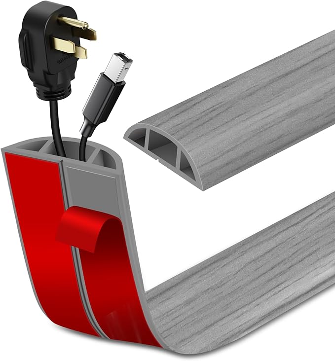 Floor Cord Cover Self Adhesive Cord Hider Floor Extension Cord Covers for Floor Power Cord Protector Cable Management Prevent Cable Trips Cable Cavity 0.47" W x 0.27" H (Light Grey Wood, 20Ft)