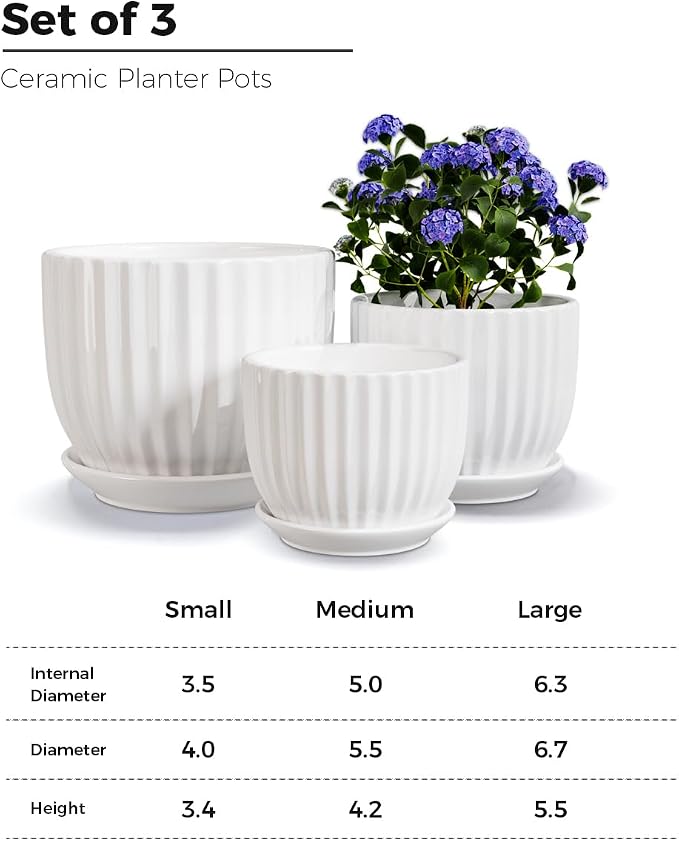 Ton Sin White Plant Pots Set of 3,Indoor Ceramic Flower Pot with Saucers,6.7"&5.5"&3.9" Inch Small to Medium Sized Planters for Plants,Round Modern Garden Pots
