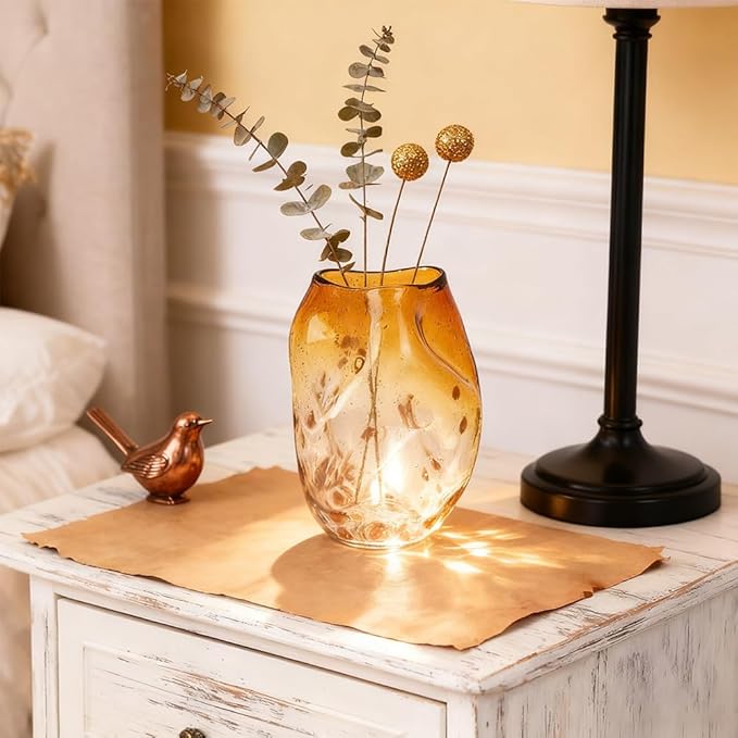 Amber Glass Vase – 9in Handmade Decorative Vase for Flowers, Modern Brown Gradient Glass Vase for Home Decor, Living Room Centerpiece, Dining Table, Entryway or Wedding Decoration