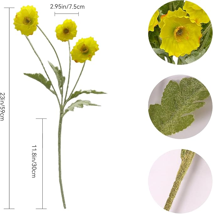 12PCS Poppy Flowers Artificial 13" Real Touch Stems Faux Poppies Silk Flowers for Home Decor Indoor (Yellow)