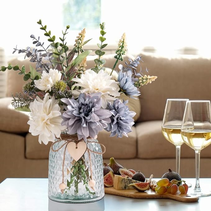 Silk Flowers in Vase, Artificial Flowers with Vase Fake Flowers Arrangement Faux Dahlia for Decoration Table Centerpiece (Dahlia)