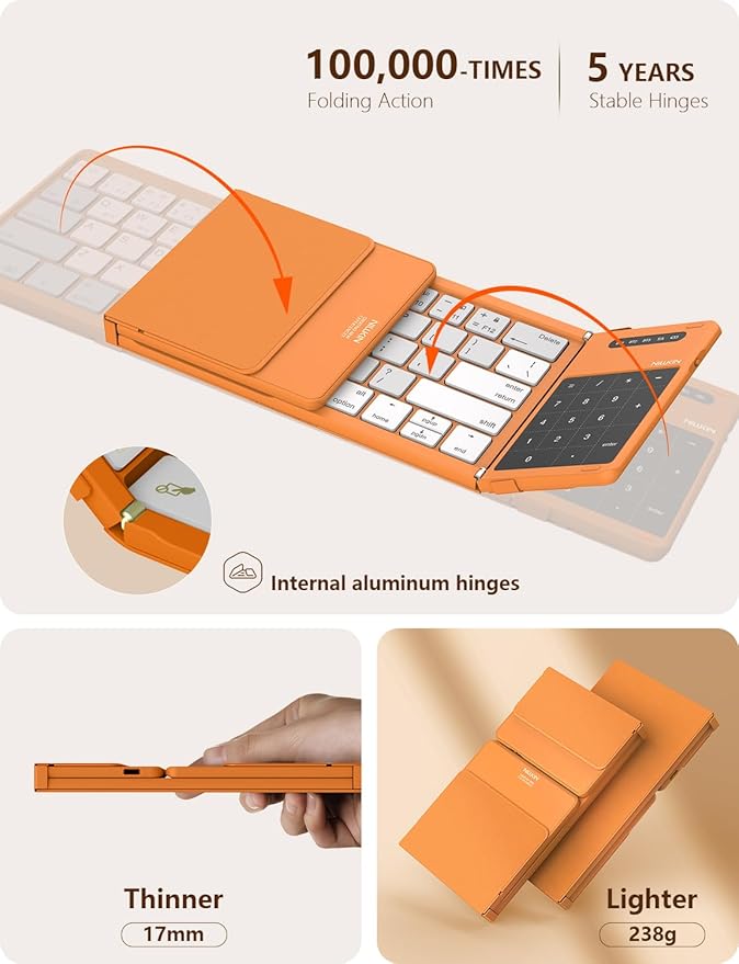 Nillkin Foldable Bluetooth Keyboard with Touchpad & Number Pad, Portable Bluetooth Keyboard with Full Size Keys, Pocket-Sized Wireless Travel Keyboards for iPad, Smartphone, Tablet and Laptop Orange