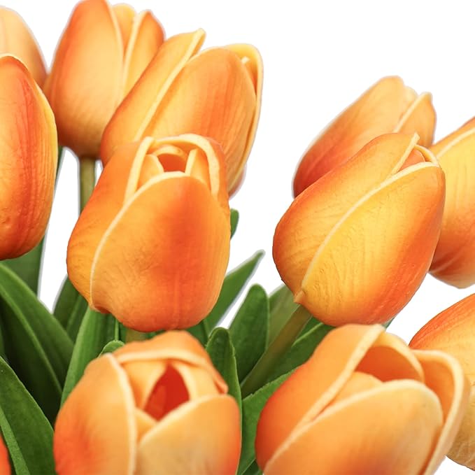 24 Pcs Orange Tulips Artificial Flowers Real Touch Fake Tulips Fake Flowers for Mother's Day 13.5" Faux Tulips Faux Flowers Bulk Artificial Tulips Flowers for Vase Centerpieces Home Wedding Bouquet