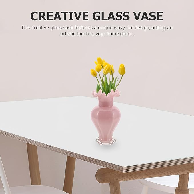 PRETYZOOM Artistic Ripple Edge Glass Flower Vase Handblown Decorative Floral Container for Home Table Office Wedding Centerpiece Pink Unique Artistic Accent Multipurpose Use