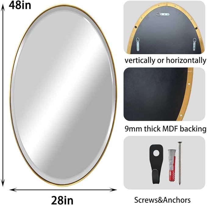 POZINO Beveled Oval Mirror, 28"x48" Brushed Gold Bathroom Mirror with Stainless Steel Frame, Modern Accent Wall Mirrors for Entryway Bedroom Hallway Living Room, Hangs Vertically or Horizontally