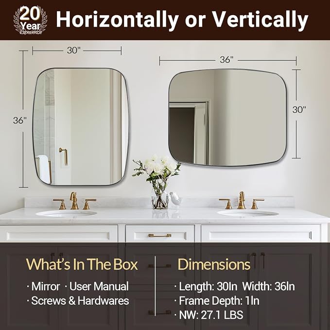 ANDY STAR Brushed Nickel Bathroom Mirror, 30x36’’ Oblong Mirror with Stainless Steel Metal Frame, Silver Oval Vanity Mirror for Over Sink, Modern Anti Rust Wall Mounted