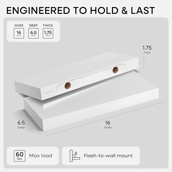 Homeforia White Floating Shelves 16 inch, High End Solid Real Wood 16inch Bathroom Floating Shelf for Wall Mounted, White Wooden 16 Floating Shelves, Heavy Duty Bracket, 16 X 6.5 X 1.75 inch, Set of 3
