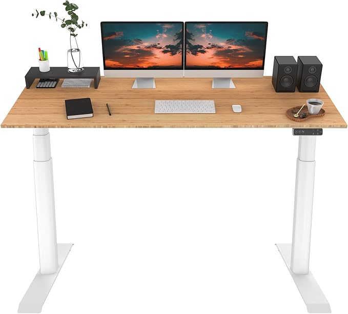 FLEXISPOT E6 Pro Oval Leg Dual Motor 3 Stages Bamboo Electric Standing Desk 78x30 Inch Whole-Piece Board Height Adjustable Electric Sit Stand Up Desk (White Frame + Bamboo Desktop)