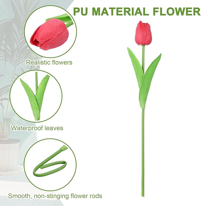 uxcell 20pcs Tulips Artificial Flowers, Faux Flowers Silk Fake Tulip Stems Real Touch for Wedding Bouquet Centerpiece Table Party Decoration(Dark Red)