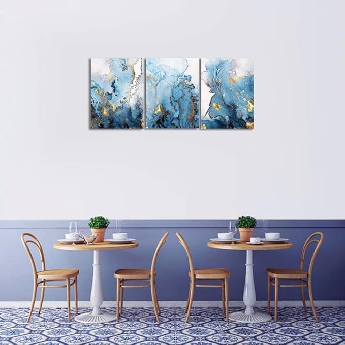 SERIMINO Blue Abstract Canvas Wall Art for Living Room, Navy and Gold Fluid Marble Wall Decor for Bedroom, Bathroom, Office, Home Decor, Set of 3 Print Painting, 16"X24"