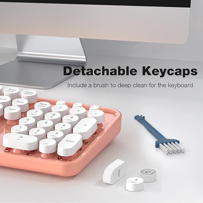 Wireless Keyboard and Mouse Combo, MOWUX Full Size Typewriter Retro Round Computer Keyboard, Mouse Wireless, Plug and Play, for Laptop, PC, Computer- Orange