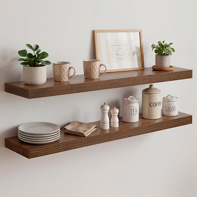 Homeforia Classic Walnut 30 inch Floating Shelf, High End Solid Real Wood Small 30inch Floating Shelves for Wall Mounted, 30in Floating Shelves, Heavy Duty Bracket, 30 X 6.5 X 1.75 inches, Set of 3