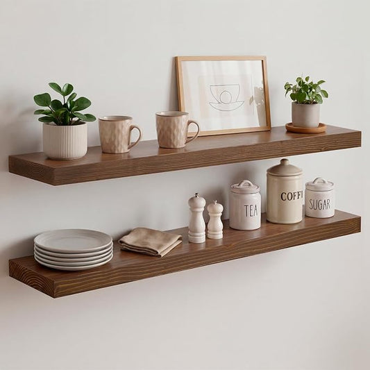 Homeforia Classic Walnut 30 inch Floating Shelf, High End Solid Real Wood Small 30inch Floating Shelves for Wall Mounted, 30in Floating Shelves, Heavy Duty Bracket, 30 X 6.5 X 1.75 inches, Set of 3