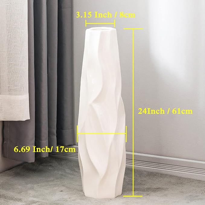 Floor Vase, GDSZJLJ 24 Inches Tall Ceramic White Large Decorative Vases for Modern Home Decor, Living Room, Minimalist Style Flower Vase for Pampas Grass, Flowers, Twigs, Office, Bedroom Décor