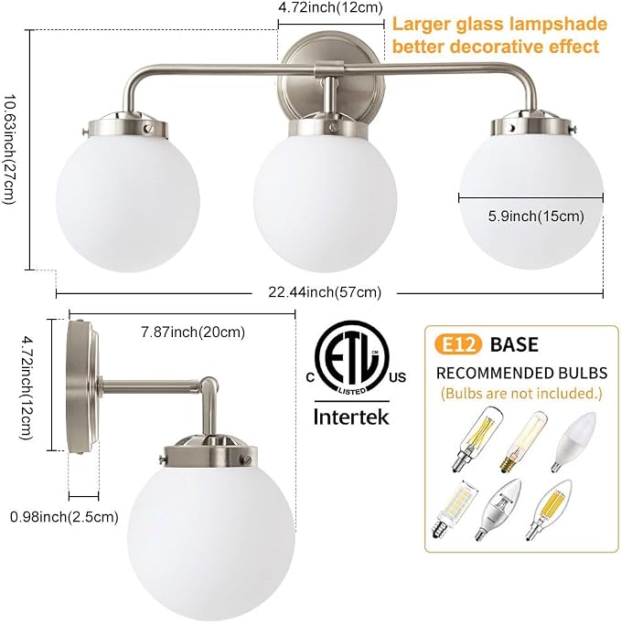 Bathroom Light Fixtures Over Mirror, 22.4'' Brushed Nickel Modern Vanity Lights with Milk White Glass Globe Shades 3-Light Farmhouse Wall Sconce Lighting