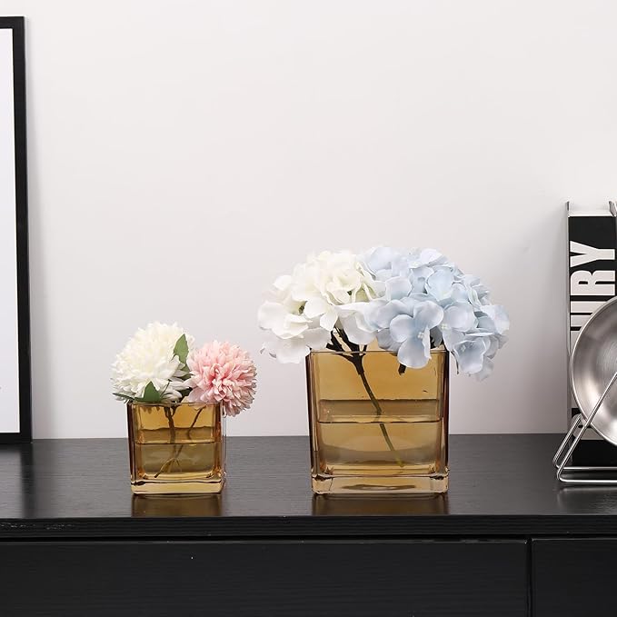 MARTAGE Square Flower Vases Set of 9, 3"x 3"x 3" Glass Vases for Centerpieces, Amber Vase for Flowers, Small Vase for Wedding, Party, Home Office Decoration