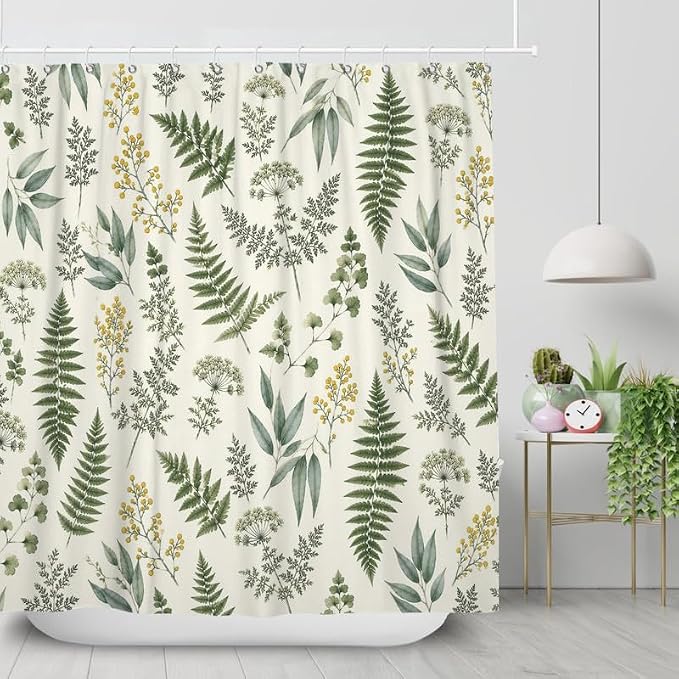 Fern Leaf Vintage Sage Green Shower Curtain Eucalyptus Farmhouse Plant Leaves Rural Floral Botanical Art Natural Waterproof Curtain for Bathroom 60x72 in with 10 Hooks