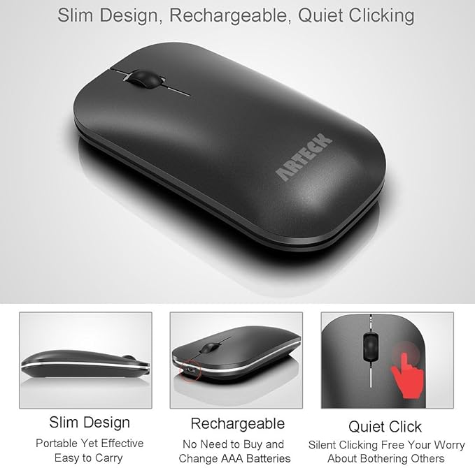 Arteck Bluetooth Keyboard and Mouse Combo Ultra Compact Slim Stainless Full Size Keyboard and Ergonomic Mice for Computer/Desktop/PC/Laptop/Surface and Windows 10/8/7 Built in Rechargeable Battery