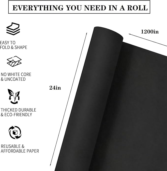 24”x 1200”Black Kraft Wrapping Paper Roll for Bulletin Board Poster Gift Wrapping, Craft Construction Paper for Easel Drawing Painting Art Supplies Packing Table Covering Bouquet Flower Christmas