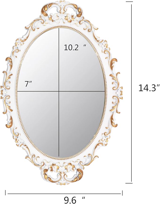 Tstarer Vintage Decorative White Framed Mirror, Small Oval Wall Hanging Mirror - 9.6" W x 14.3" L (White)