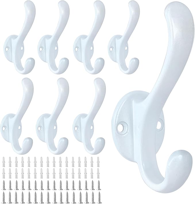 8 Pack Coat Hooks Wall Mount Heavy Duty Utility Retro Double Hooks for Hanging Coats,Hat, Towel, Key, Robe, Scarf, Bag, Cap (White)
