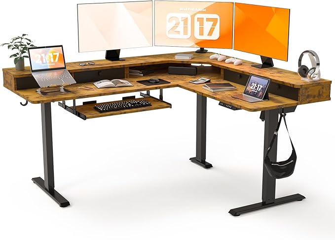 63 x 55 inch L Shaped Standing Desk with 4 Drawers & USB Charging Port, Electric Adjustable Height Corner Stand Up Desk with Keyboard Tray, Rustic Brown