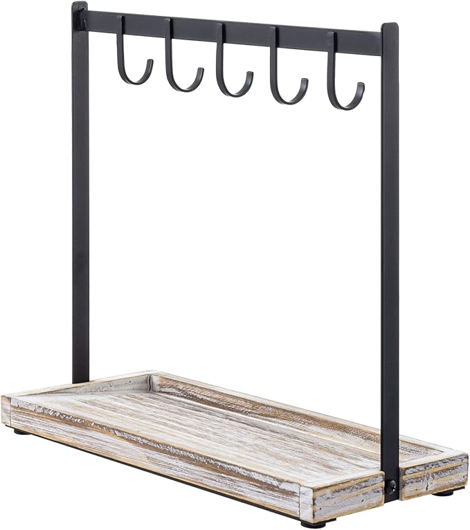 MyGift Black Metal Entryway Key Holder with 5 Hooks and Shabby Whitewashed Wood Base, Tabletop Necklace and Jewelry Organizer Rack with Ring Tray