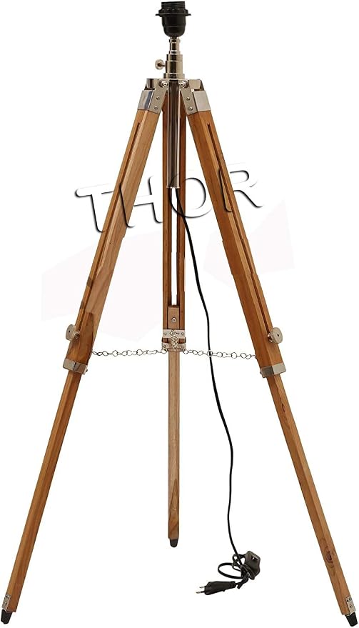 THOR INSTRUMENTS Vintage Classic Teak Wood Tripod Floor Lamp Nautical Floor Shade lamp Home Decor (Shade is Not Included) Rustic Vintage Home Decor Gifts