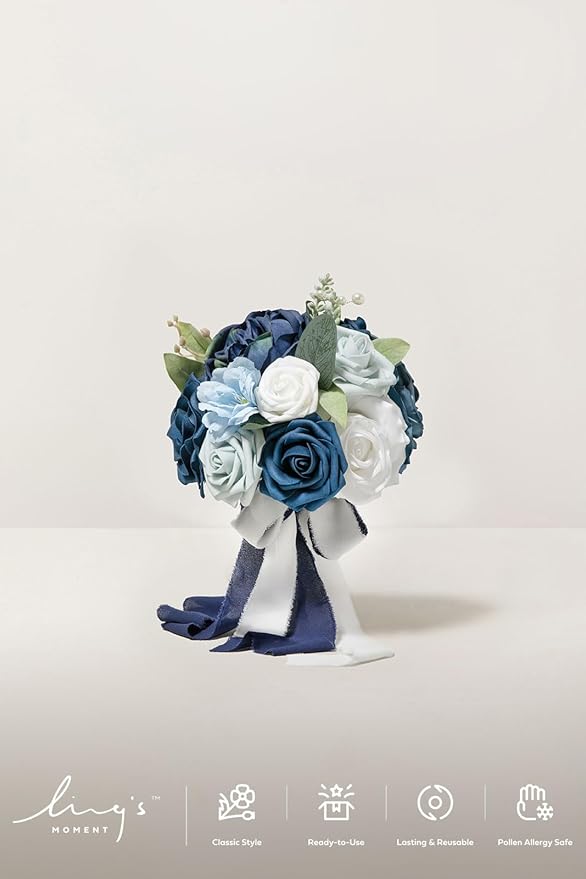 Ling's moment Artificial Flowers Navy Blue Bridesmaid Bouquet, Blue & White Wedding Flowers Bouquets for Bridesmaids, 7 Inch Bridal Bouquets for Bridesmaids, Wedding, Ceremony, Anniversary, etc