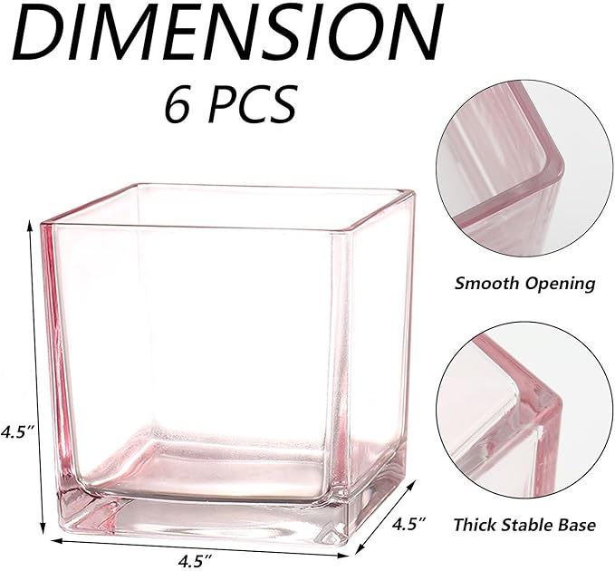 Square Pink Glass Vases Set of 6, 5" x 5" x 5" Flower Vases for Centerpieces, Square Vase for Centerpieces, Small Vase for Wedding, Party, Home Office Decoration