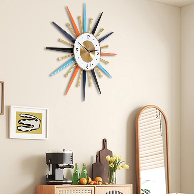 22-Inch Large Starburst Wall Clock – Mid-Century Modern Decorative Wall Clock, Silent Non-Ticking Quartz Movement, Battery Operated Colorful Clock for Living Room, Bedroom, Kitchen & Office