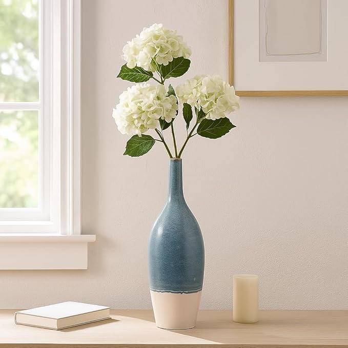 Tall Ceramic Vase for Home Decor – Decorative Accent for Living Room, Office, and Room Decor – Two Tone Bottle Shape Flower Vase for Bedroom, House, or Table Display – 27" Blue & White