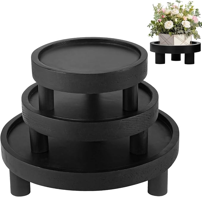 3 Pcs Wood Plant Stand Indoor Outdoor, Wooden Stool Display Stand 5/6/8" Round Riser Flower Pot Holder with Raised Edge Small Planter Tray Modern Potter Decorative for Garden Desktop Home Table Counter Room (Black)