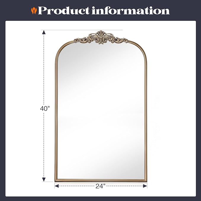 Gold Vintage Mirror, 24” x 40” Arched Ornate Baroque Mirror for Fireplace Mantel, Antique Brass Bathroom Mirrors for Wall with Metal Frame for Entryway, Bedroom, Living Room