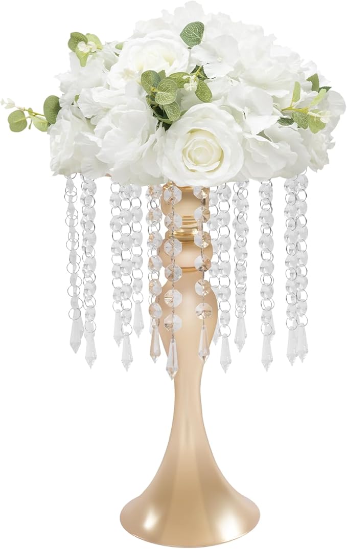 10 Pcs Glam Crystal Flower Stands, Wedding Reception Decorations with Sparkling Crystal Beads Table Center Display Flower Arrangement Flower Stand Metal Vase for Event Decor (Gold, Height:13.77in)