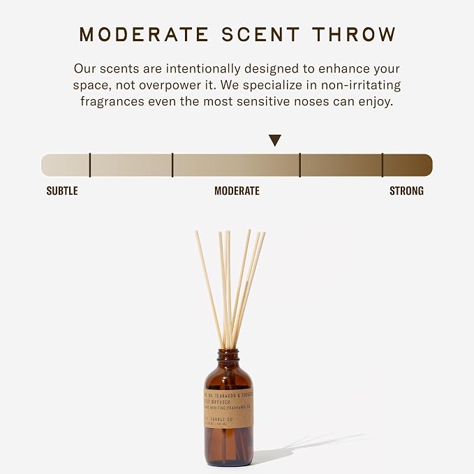 P.F. Candle Co. Teakwood & Tobacco Classic Scented Rattan Reed Diffuser (3.5 fl oz) Amber Glass Jar, Fine Fragrance Oil, Low Maintenance Scent Throw, Made in The U.S.A.