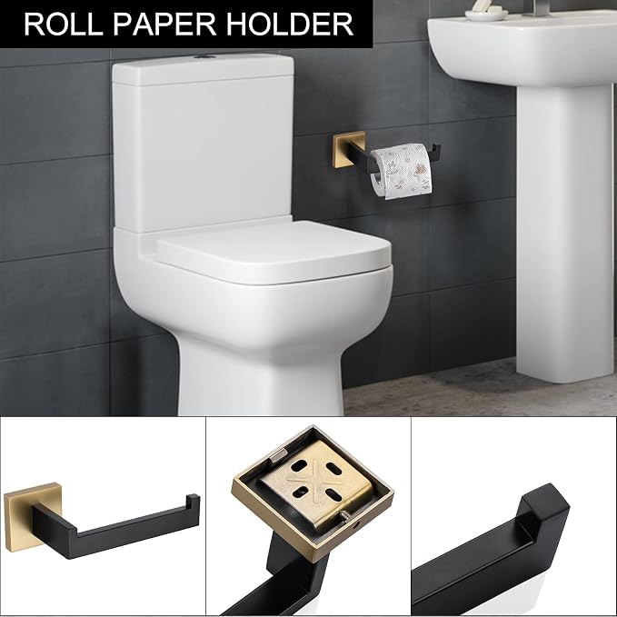 5 Pieces Bathroom Hardware Accessories Set Black and Gold Towel Bar Set,Wall Mounted Stainless Steel,23.6 Inch