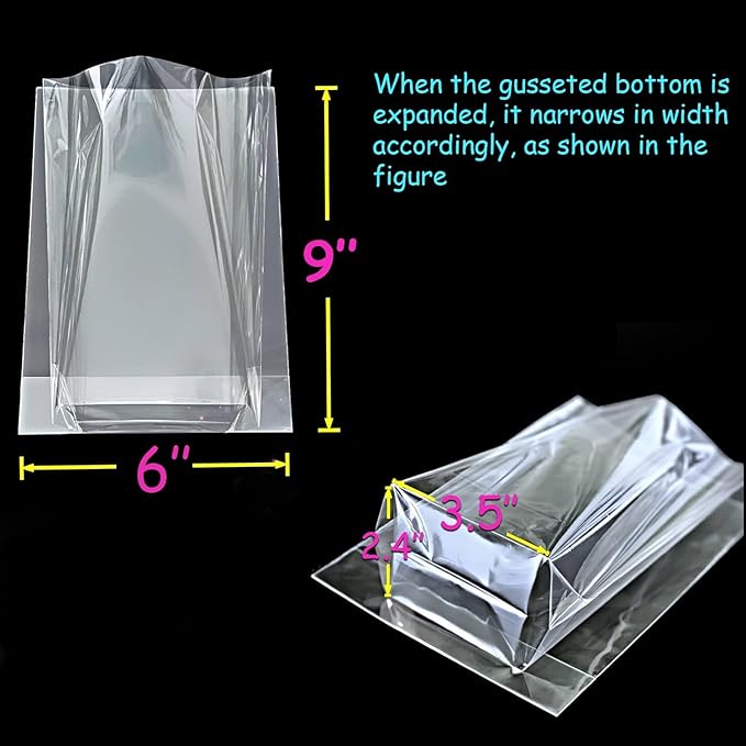 PigPotParty 6"x 9", 100Pcs Bottom Gusset Bags, Clear Plastic Cellophane Treat Goodie Bags with Ties for Party Favor, Candy, Cookie, Popcorn, Small Gift Wrapping (No Side Gusset)