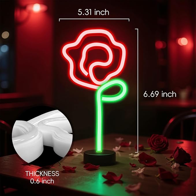 Rose Neon Sign - Red rose Flower with Green Stem Neon Art Wall Decor USB or 3-AA Battery Powered Operated for Girls Bedroom Birthday Gift Party Wedding Rose Lights for Bedroom (Red)