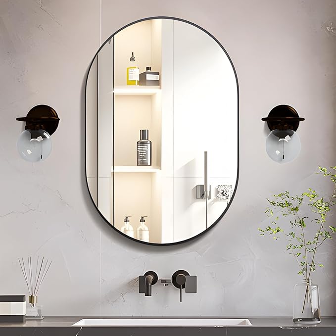 Oval Bathroom Mirror Capsule Wall Vanity Mirror, 24"x36" Pill Mirrors Wall Mounted Mirror, Large Modern Mirror with Black Metal Frame, Decor for Entryway, Bedroom, Living Room
