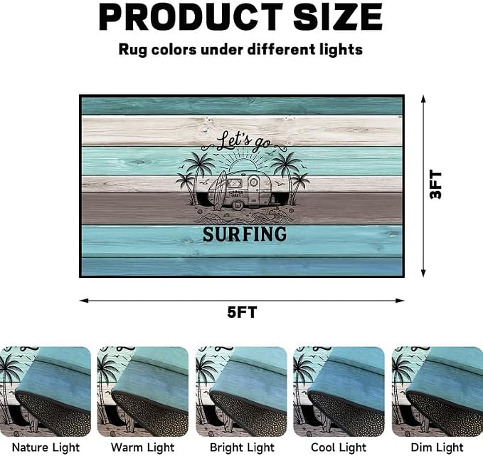 Surfing Area Rug Beach Van Palm Tree Carpet Retro Wood Grain Striped Rugs Non Slip Washable Floor Mat for Entryway Bedroom Living Room Nursery Playroom Home Decor,3'x5'
