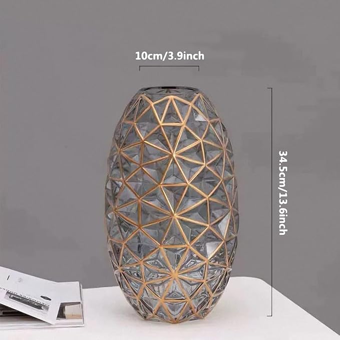 Hand Painted Gold and Grey Diamond Shaped Glass Crystal Vase 13.6 inch Tall,Modern Large Glass Home Office Decor for Living Room Dining Table Centerpieces, Birthday and Wedding