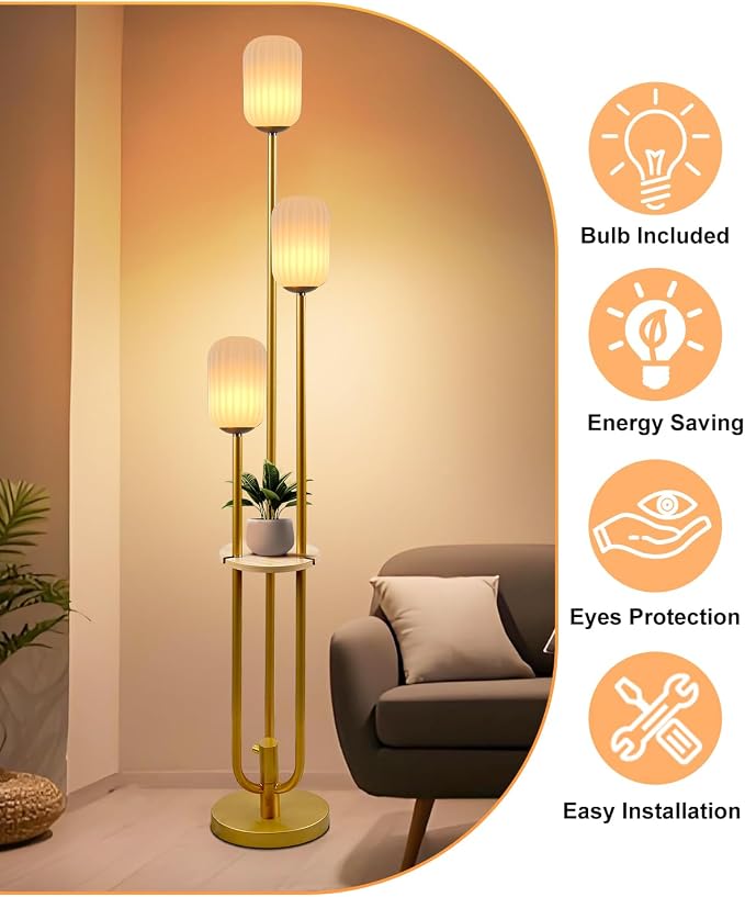 Floor Lamp for Living Room, Dimmable Vintage Floor Lamp with Shelf & LED Bulbs, 3 Light 3000K Soft Warmwhite Mid Century Standing Lamp, Tall Lamps with 5Lbs Heavy Base for Bedroom Office