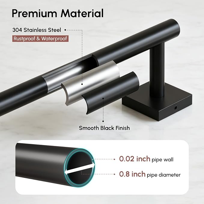 USHOWER Matte Black Bath Towel Bar, 30 Inch Towel Racks for Bathroom Wall Mounted, 304 Stainless Steel Towel Holder with Square Base, Modern Home Decor (Total Length 32 Inch)