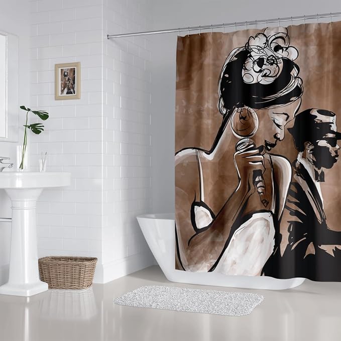 American Woman Jazz Shower Curtain African Black Girl Singing Jazzist Afrocentric Black Art Grunge Style Waterproof Fabric Bathroom Decor 72x72 Inch Brown Plastic Hooks 12