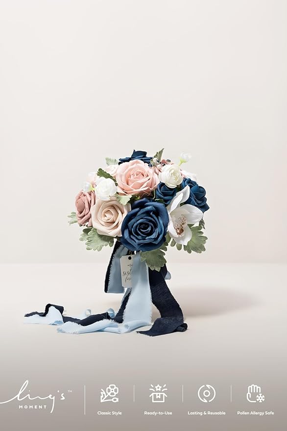 Ling's moment Artificial Flowers Dusty Rose & Blue Bridesmaid Bouquet, Wedding Flowers Bouquets for Bridesmaids, 7 Inch Bridal Bouquets for Bridesmaids, Wedding, Ceremony, Anniversary, etc